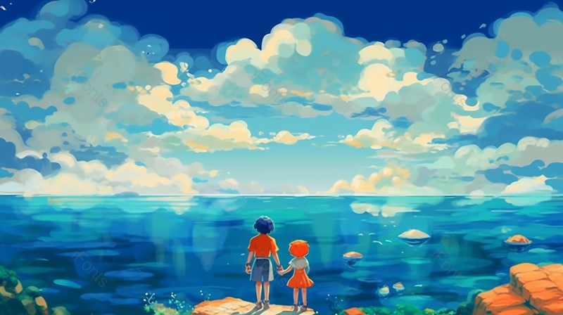 蓝天白云海滩日出日落插画背景图蓝色手绘图,插画/手绘图,插画/手绘图库,插画/手绘图下载,插画/手绘